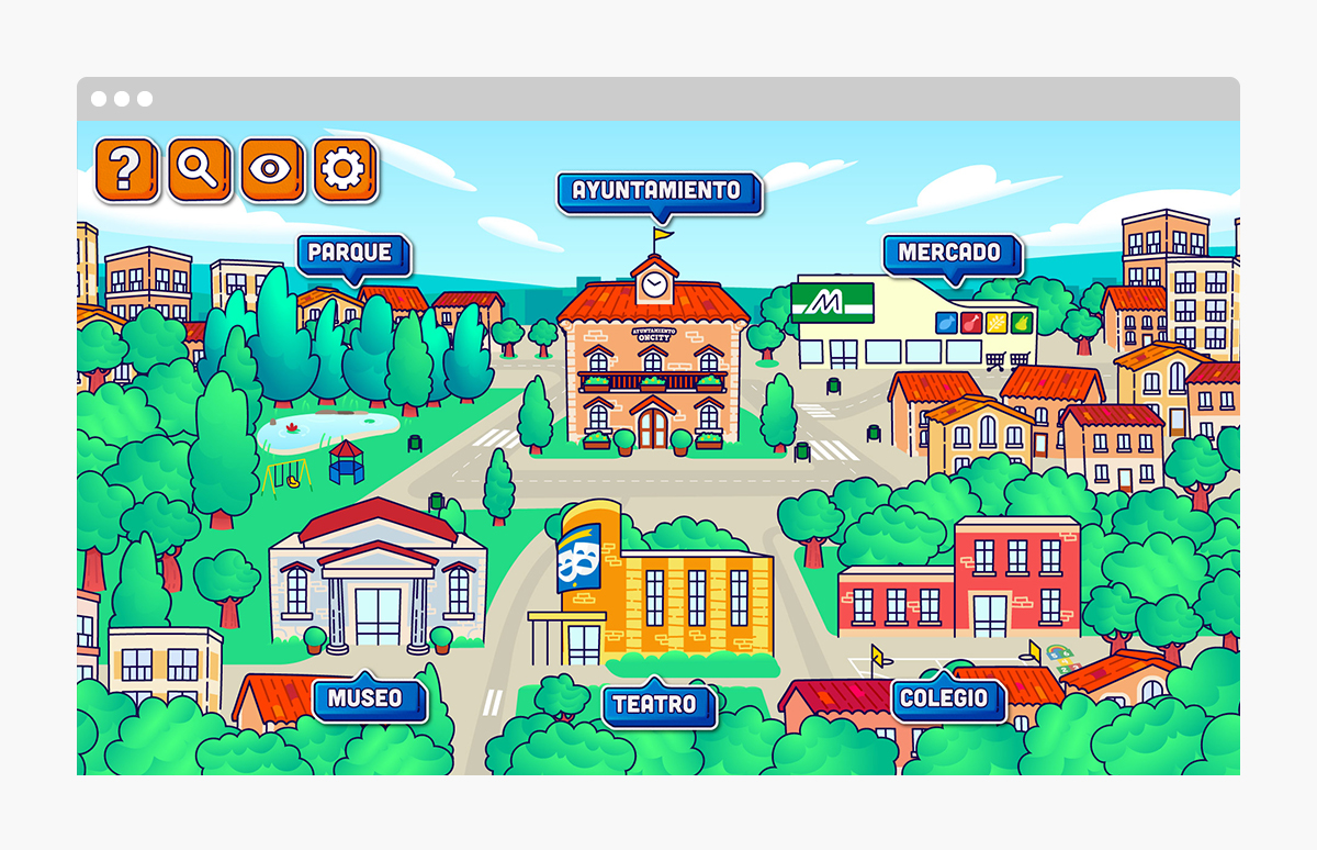 Pantalla del mapa del juego Oncity donde se ven los 6 escenarios, el parque, el ayuntamiento, el mercado, el museo, el teatro y el colegio.