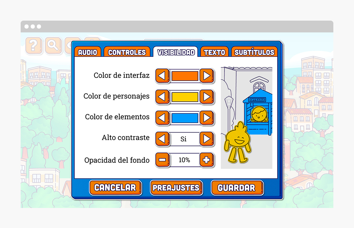 Menú con algunas de las opciones de accesibilidad en el juego Oncity.