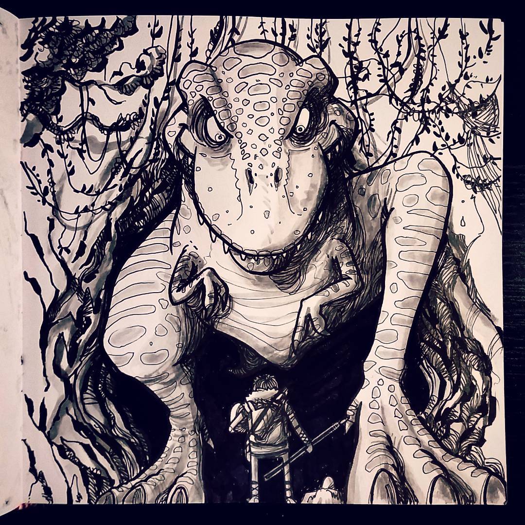 ilustracion tinta aventurero asustado ante un enorme dinosaurio