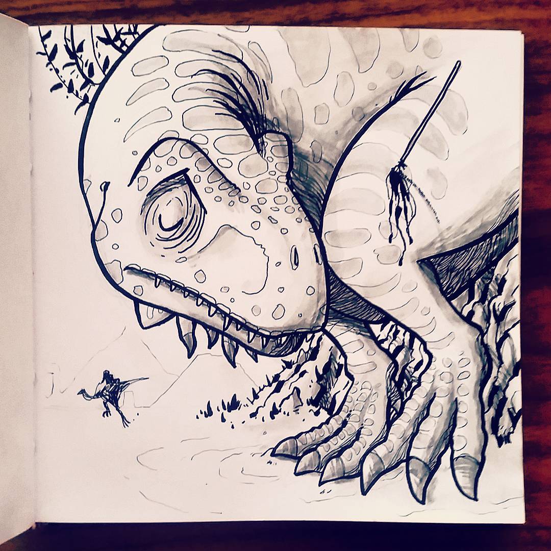 ilustracion tinta aventurero hiere al enorme dinosaurio