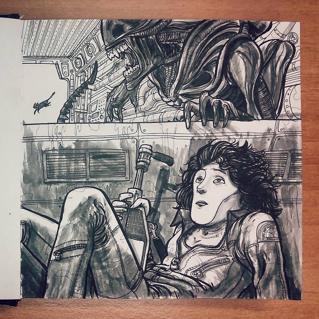 ilustracion tinta Ripley escondiendose del Alien