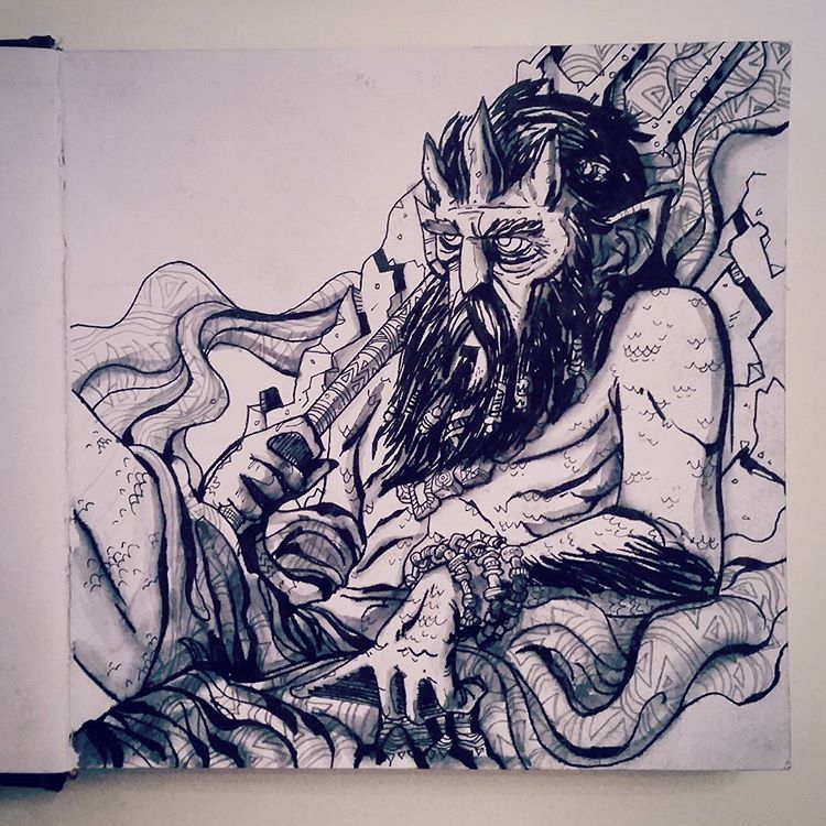 ilustracion tinta dios del mar